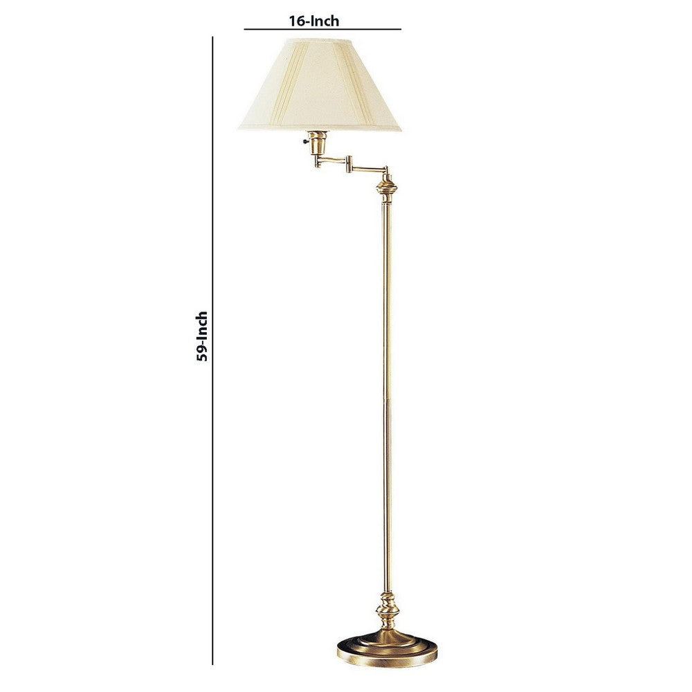 150 Watt Metal Floor Lamp with Swing Arm and Fabric Conical Shade Gold By Casagear Home BM220859