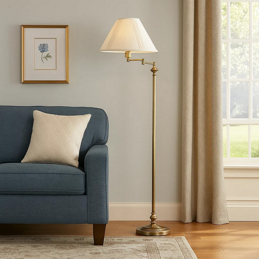 Metal Floor Lamp | 150W | Swing Arm | Fabric Conical Shade | Gold