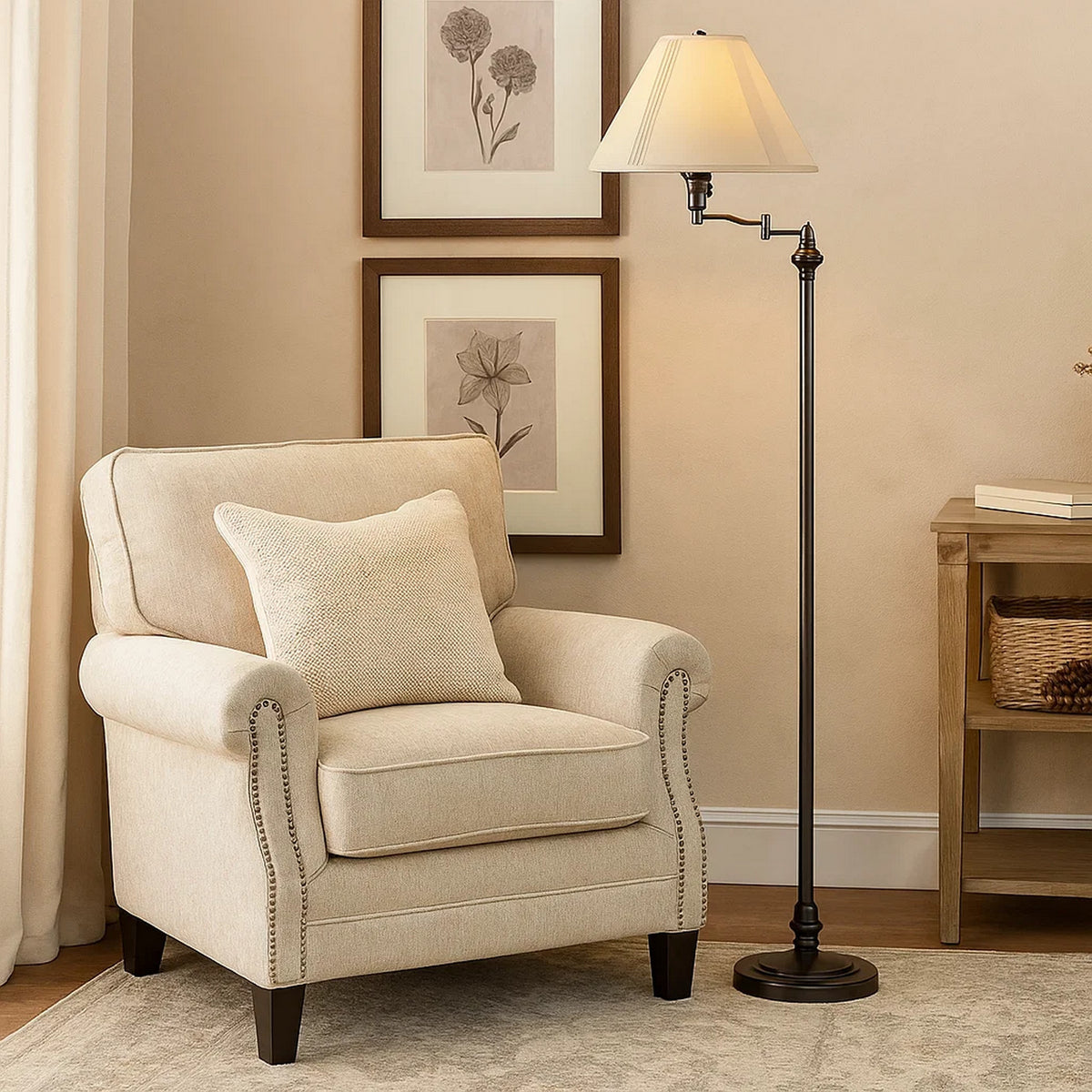 Metal Floor Lamp | 150W | Swing Arm | Fabric Conical Shade | Black