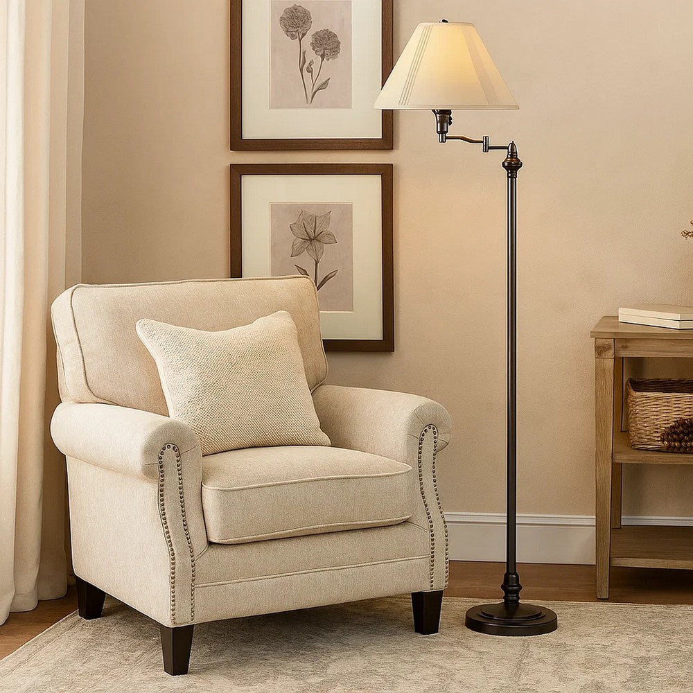 Metal Floor Lamp | 150W | Swing Arm | Fabric Conical Shade | Black