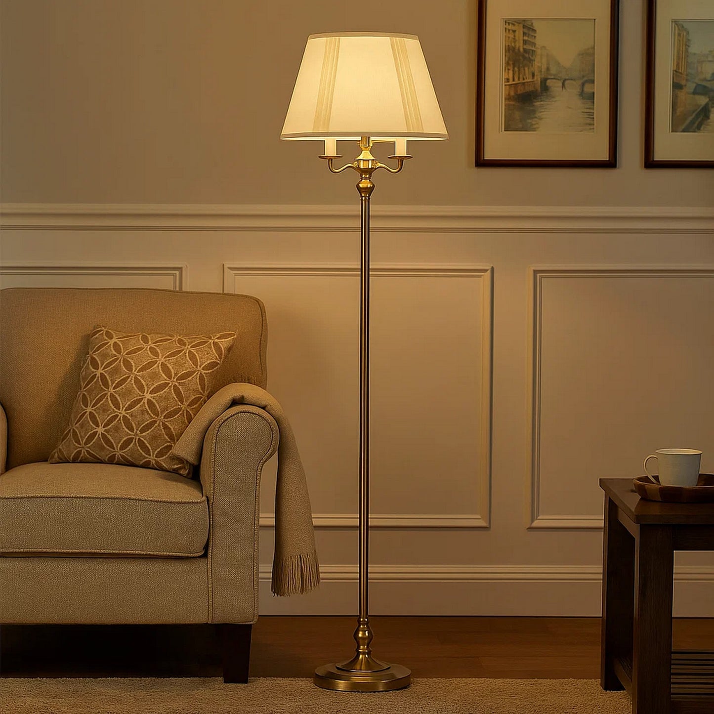 Metal Floor Lamp | 150W | 6 Way | Fabric Tapered Shade | Gold