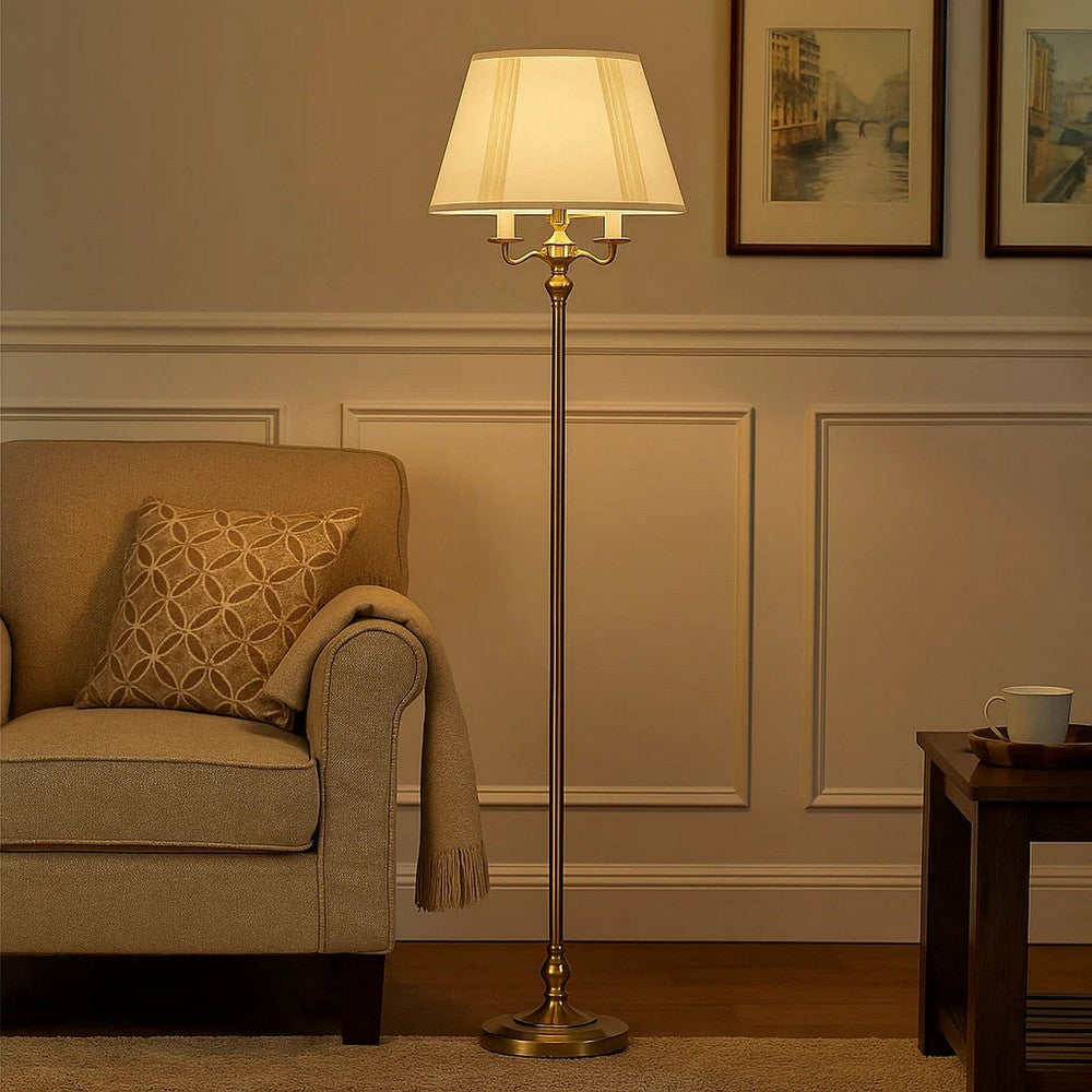 Metal Floor Lamp | 150W | 6 Way | Fabric Tapered Shade | Gold