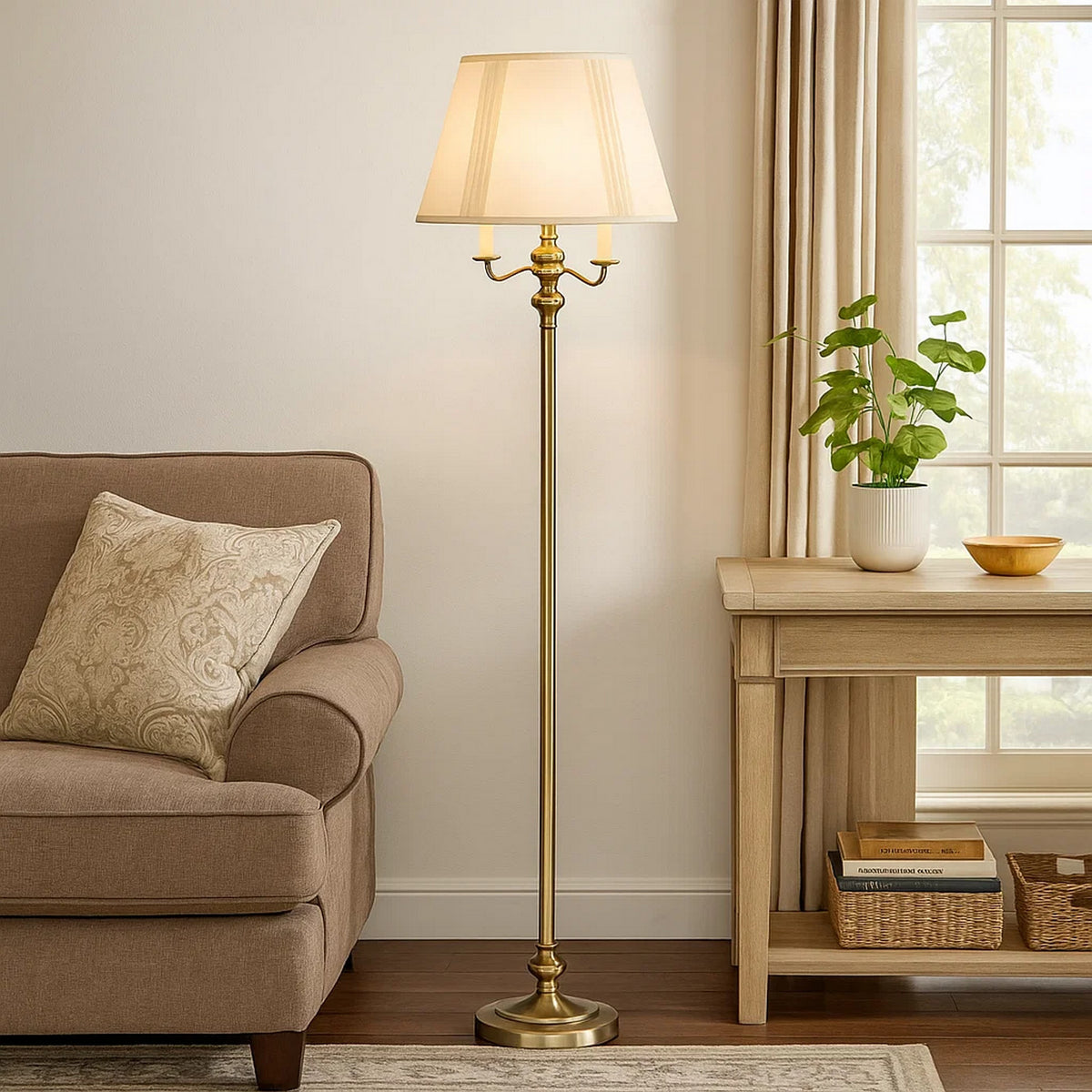 Metal Floor Lamp | 150W | 6 Way | Fabric Tapered Shade | Gold
