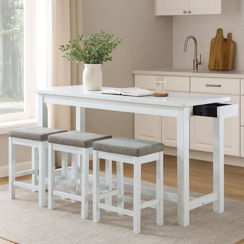 Counter Height Table | 1 Drawer | Backless Stools | Set of 4 | White & Gray