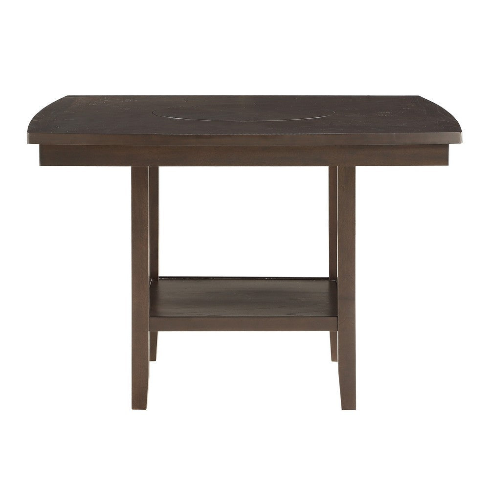 Wooden Counter Height Table with 1 Bottom Shelf and Lazy Susan Brown By Casagear Home BM220899