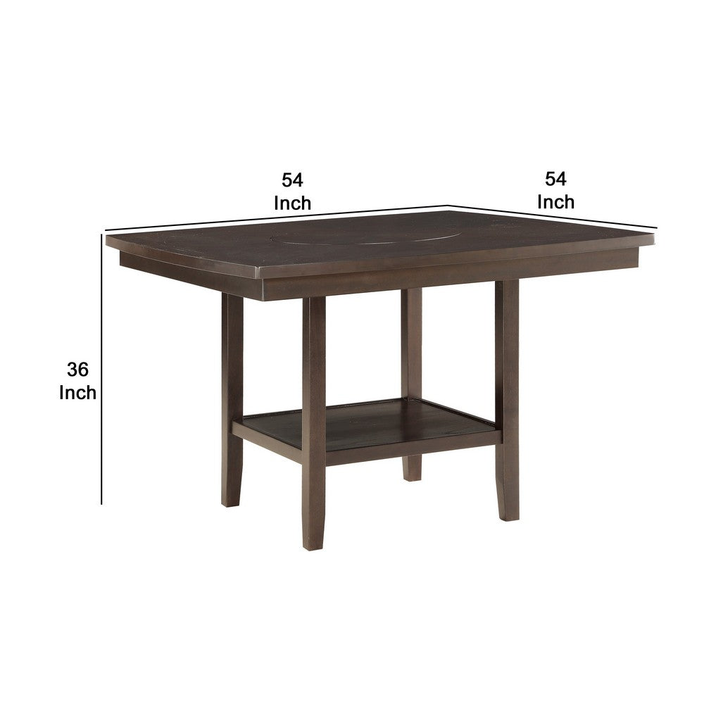 Wood Counter Height Table | 1 Bottom Shelf | Lazy Susan | Brown