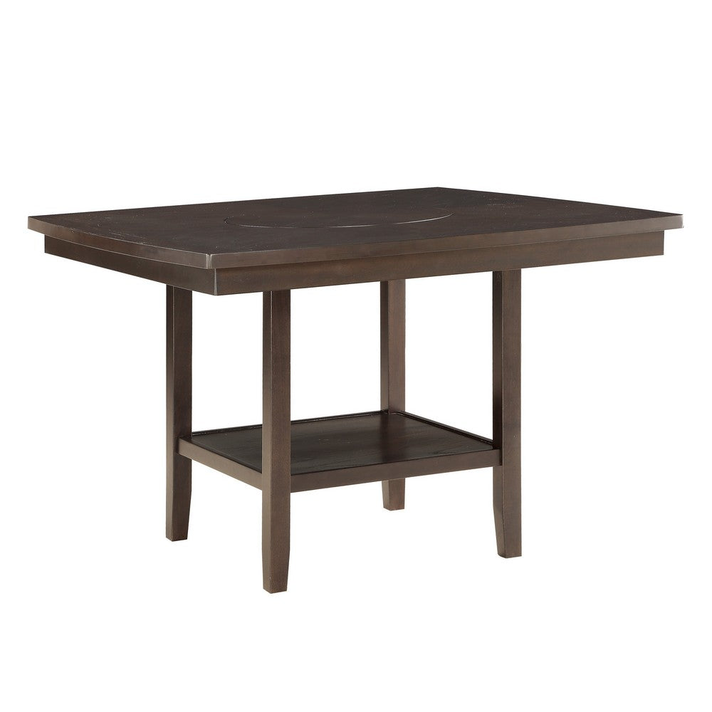 Wood Counter Height Table | 1 Bottom Shelf | Lazy Susan | Brown