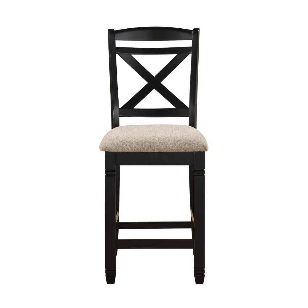 Fabric Upholstered Set of 2 Wooden Counter Height Chairs with X Design Backrest, Brown