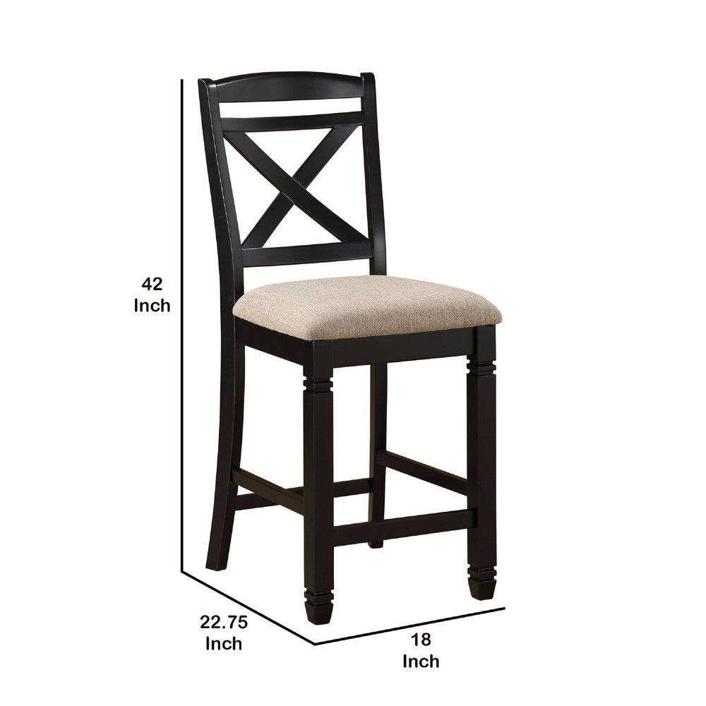 Fabric Upholstered Set of 2 Wooden Counter Height Chairs with X Design Backrest, Brown