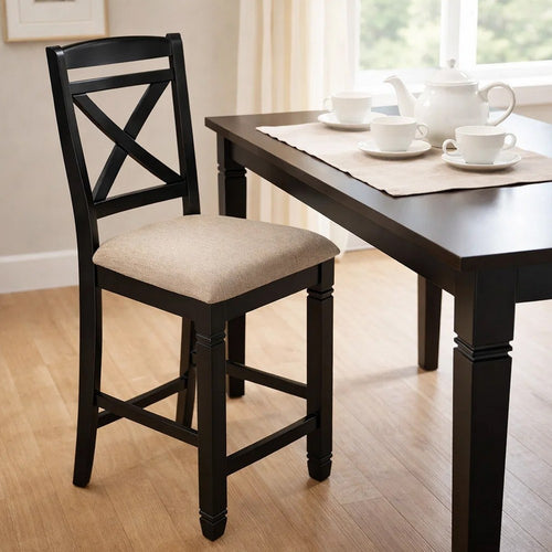 Fabric Upholstered Set of 2 Wooden Counter Height Chairs with X Design Backrest, Brown