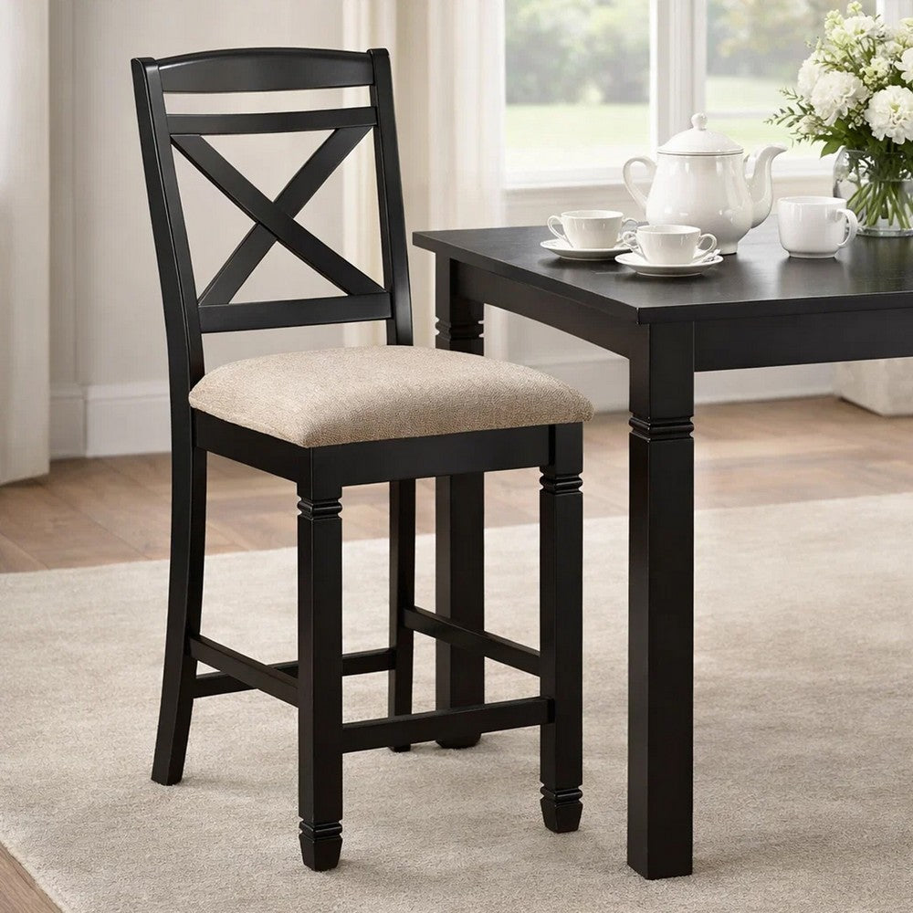 Fabric Upholstered Set of 2 Wooden Counter Height Chairs with X Design Backrest, Brown