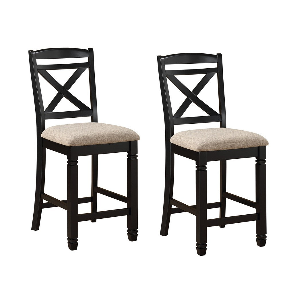 Fabric Upholstered Set of 2 Wooden Counter Height Chairs with X Design Backrest, Brown