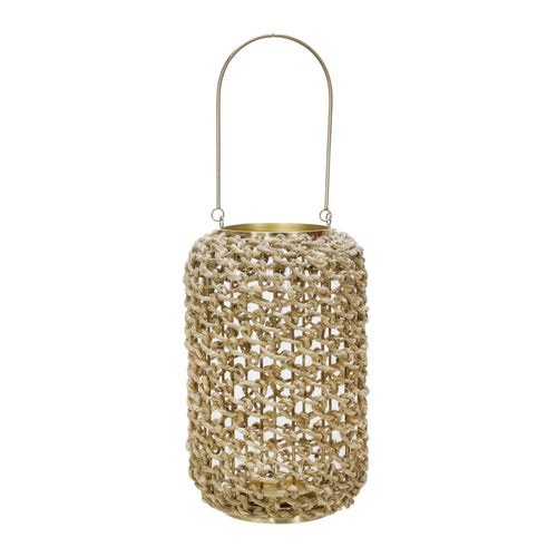 Cylindrical Rattan Lantern | Metal Frame | Handle | Large | Brown & Gold