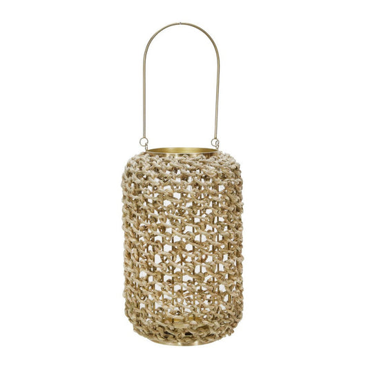 Cylindrical Rattan Lantern | Metal Frame | Handle | Large | Brown & Gold
