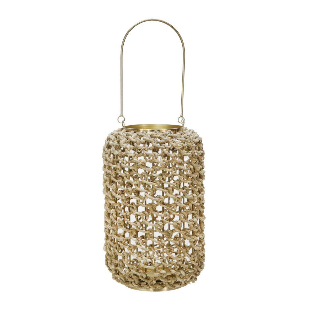 Cylindrical Rattan Lantern with Metal Frame and Handle,Large,Brown and Gold By Casagear Home