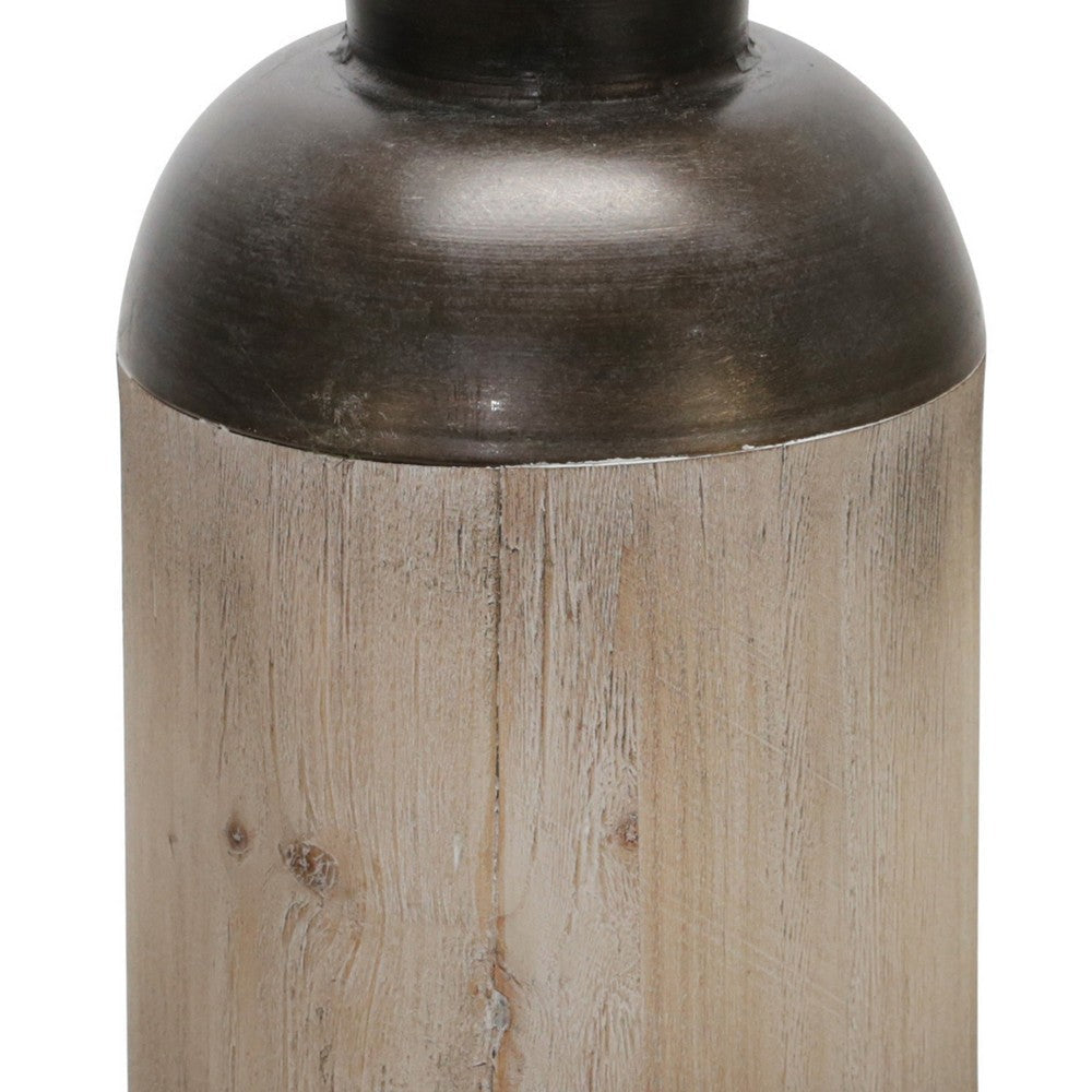 Cylindrical Metal Jar with Wooden Accent and Flared Opening,Black and Brown BM221170