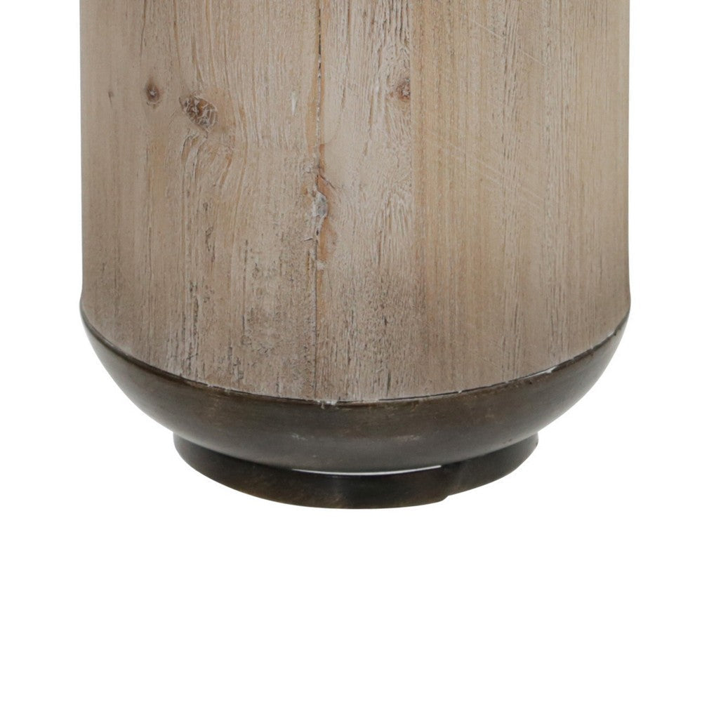 Cylindrical Metal Jar with Wooden Accent and Flared Opening,Black and Brown BM221170