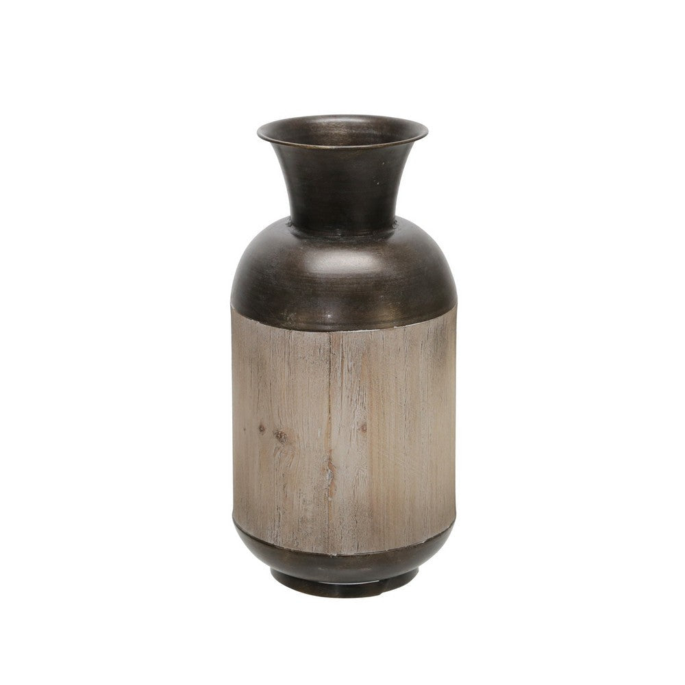 Cylindrical Metal Jar with Wooden Accent and Flared Opening,Black and Brown BM221170