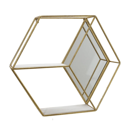 Hexagonal Shaped Metal Wall Shelf with 2 Display Cases, Gold and White By Casagear Home