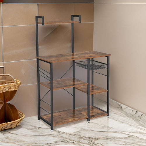 Wood Utility Storage | 5 Shelves | Wire Basket | Brown & Black