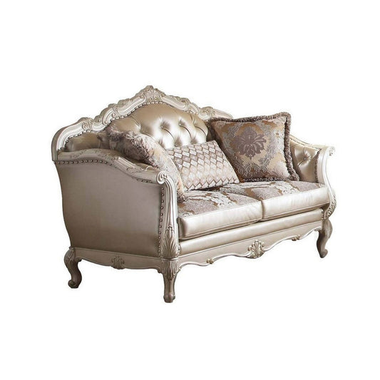 Leatherette Button Tufted Loveseat with Queen Anne Legs, Champagne Gold