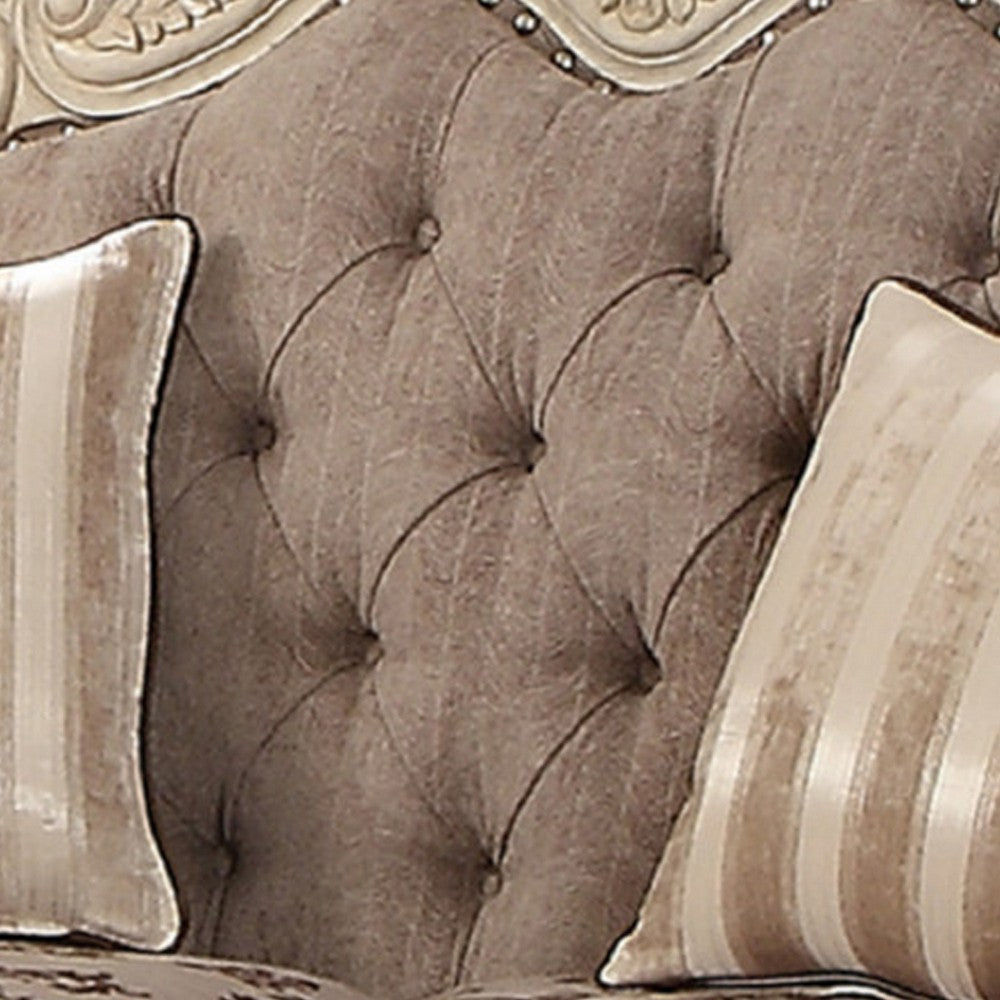 Scrolled Crown Top Fabric Loveseat with Cabriole Legs Gray and White BM221353