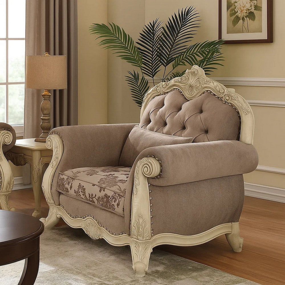 Scrolled Crown Top Fabric Chair with Cabriole Legs, Gray and White