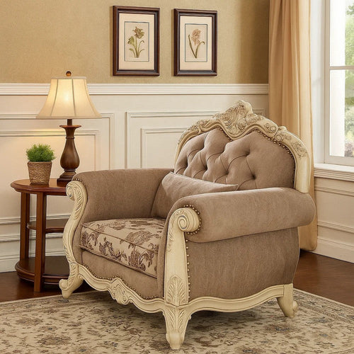 Scrolled Crown Top Fabric Chair with Cabriole Legs, Gray and White