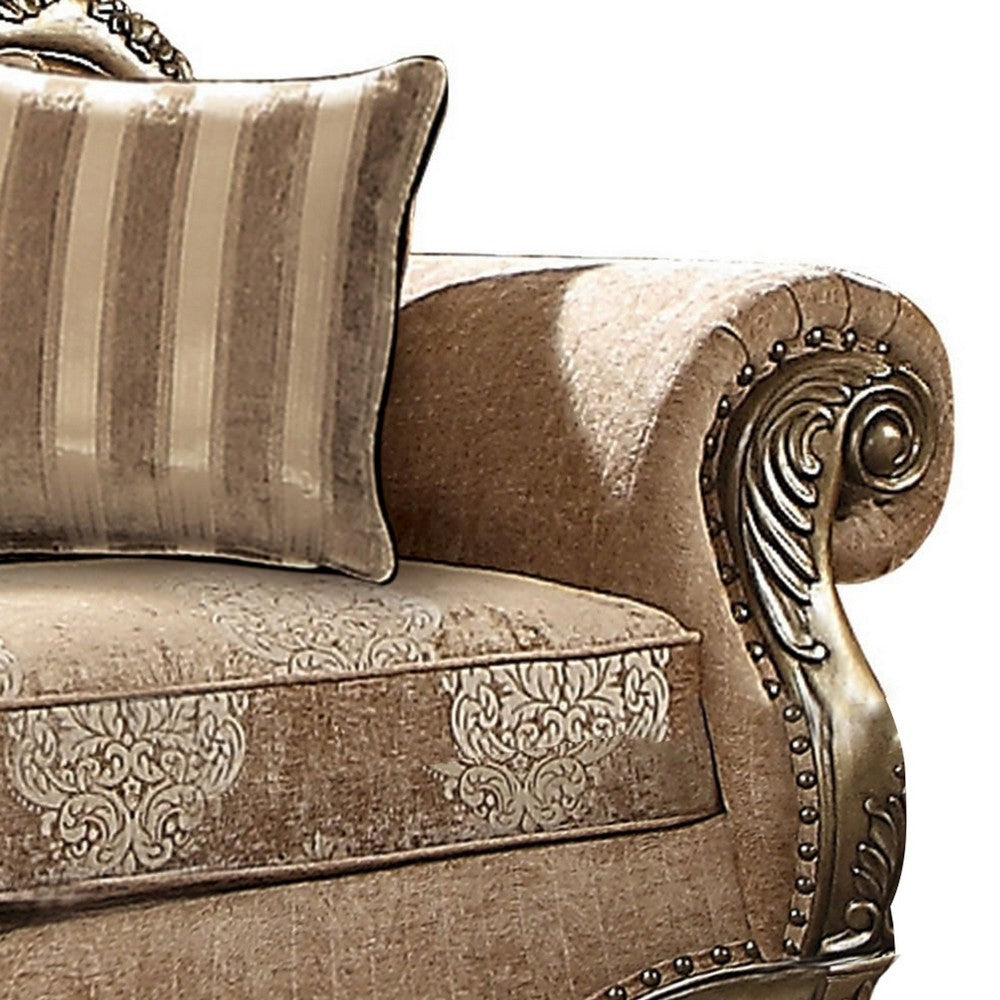 Scrolled Crown Top Fabric Loveseat with Cabriole Legs Beige and Brass By Casagear Home BM221355