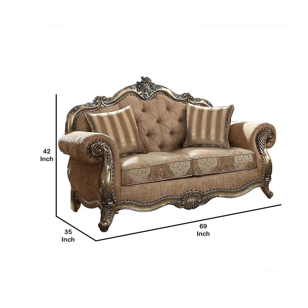 Scrolled Crown Top Fabric Loveseat with Cabriole Legs Beige and Brass By Casagear Home BM221355