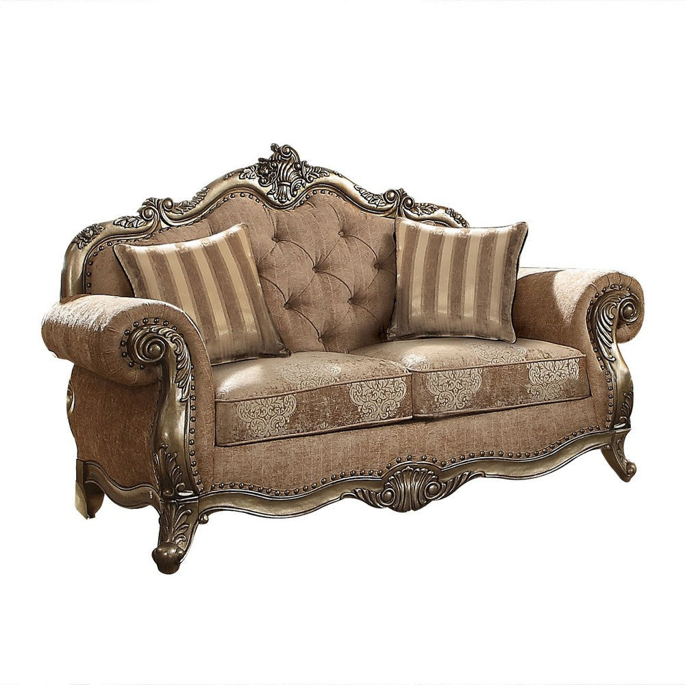 Scrolled Crown Top Fabric Loveseat with Cabriole Legs, Beige and Brass By Casagear Home