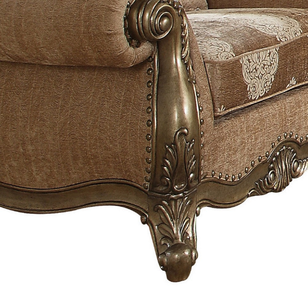 Scrolled Crown Top Fabric Chair with Cabriole Legs Beige and Brass