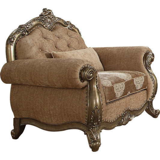 Scrolled Crown Top Fabric Chair with Cabriole Legs, Beige and Brass