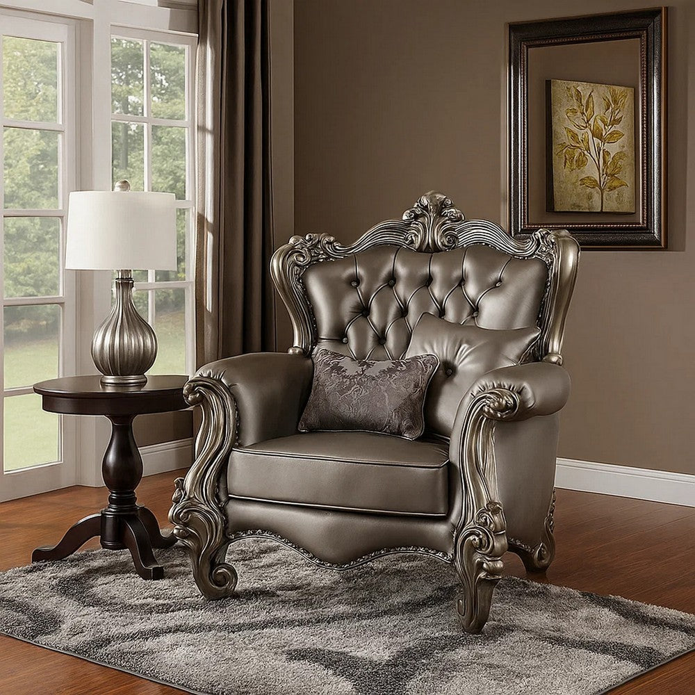Scalloped Trim Button Tufted Leatherette Chair with Scrolled Legs, Gray