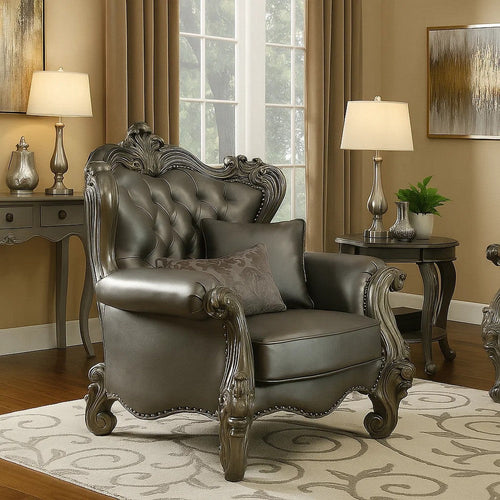 Scalloped Trim Button Tufted Leatherette Chair with Scrolled Legs, Gray