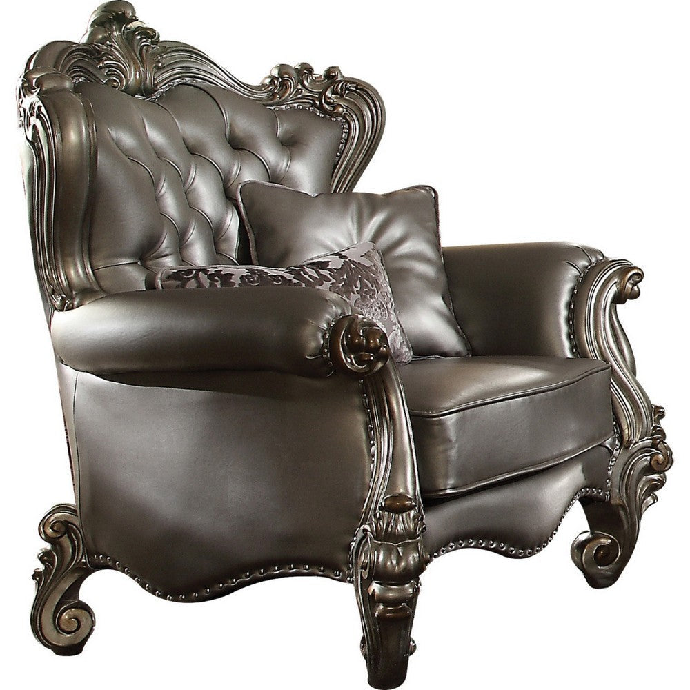 Scalloped Trim Button Tufted Leatherette Chair with Scrolled Legs, Gray