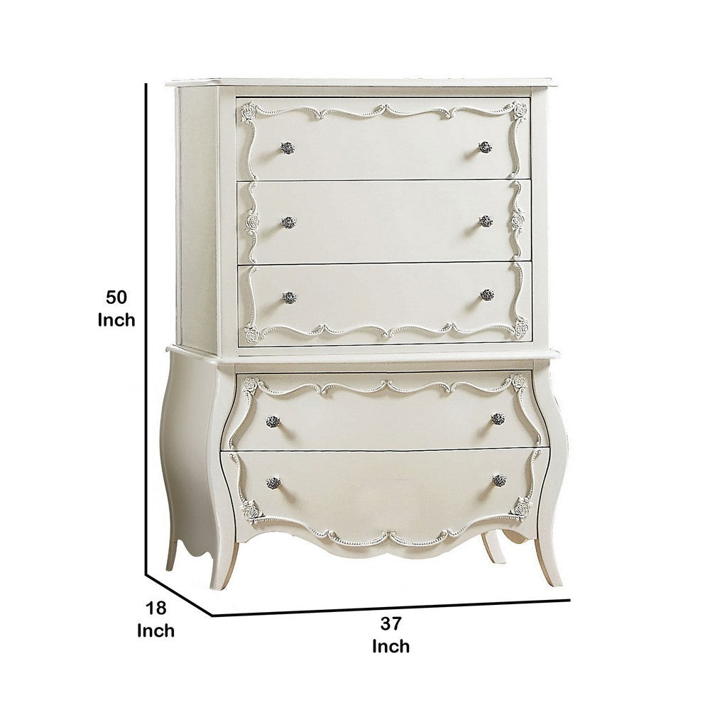 Traditional 5 Drawer Wooden Chest with Curved Base and Rosette Knobs,White By Casagear Home BM221367