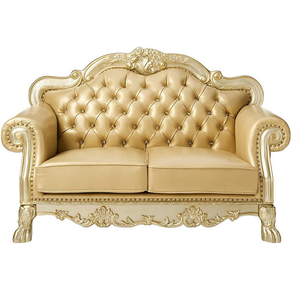 Traditional Button Tufted Leatherette Loveseat with Carved Details Gold BM221376