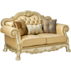Traditional Button Tufted Leatherette Loveseat with Carved Details, Gold