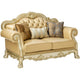 Traditional Button Tufted Leatherette Loveseat with Carved Details, Gold