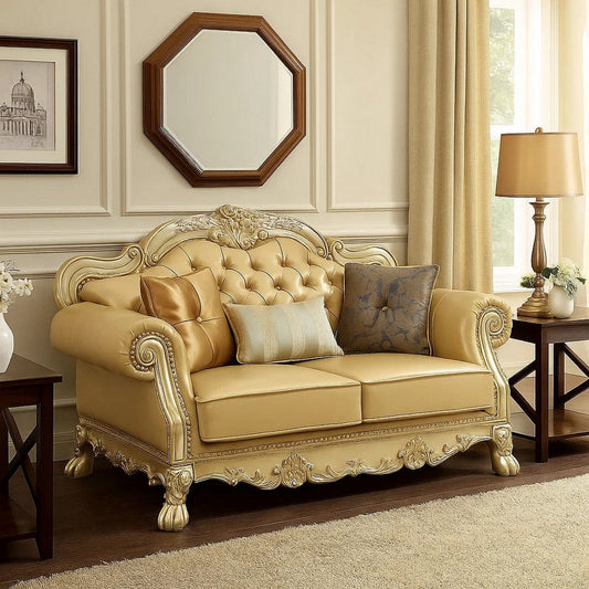 Traditional Button Tufted Leatherette Loveseat with Carved Details, Gold