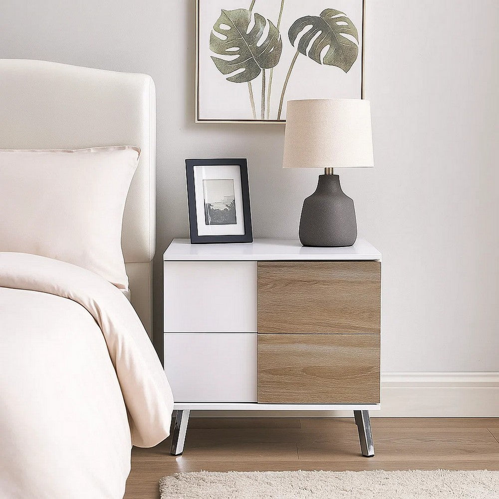 Transitional Wooden Dual Tone End Table with 2 Drawers, White and Brown