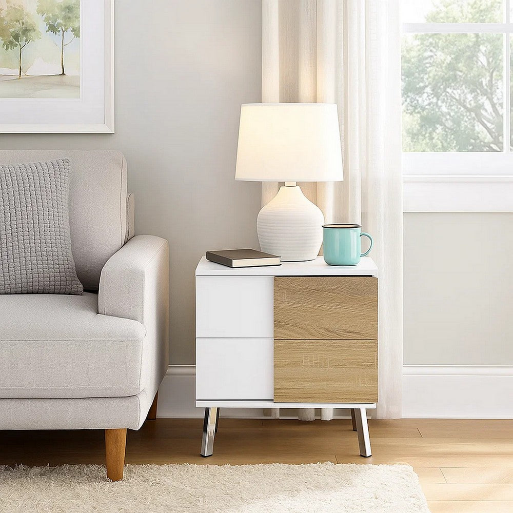 Transitional Wooden Dual Tone End Table with 2 Drawers, White and Brown