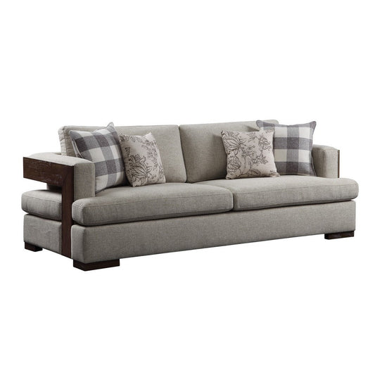 Wooden Sofa with 4 Accent Pillows and Wide Block Legs, Beige