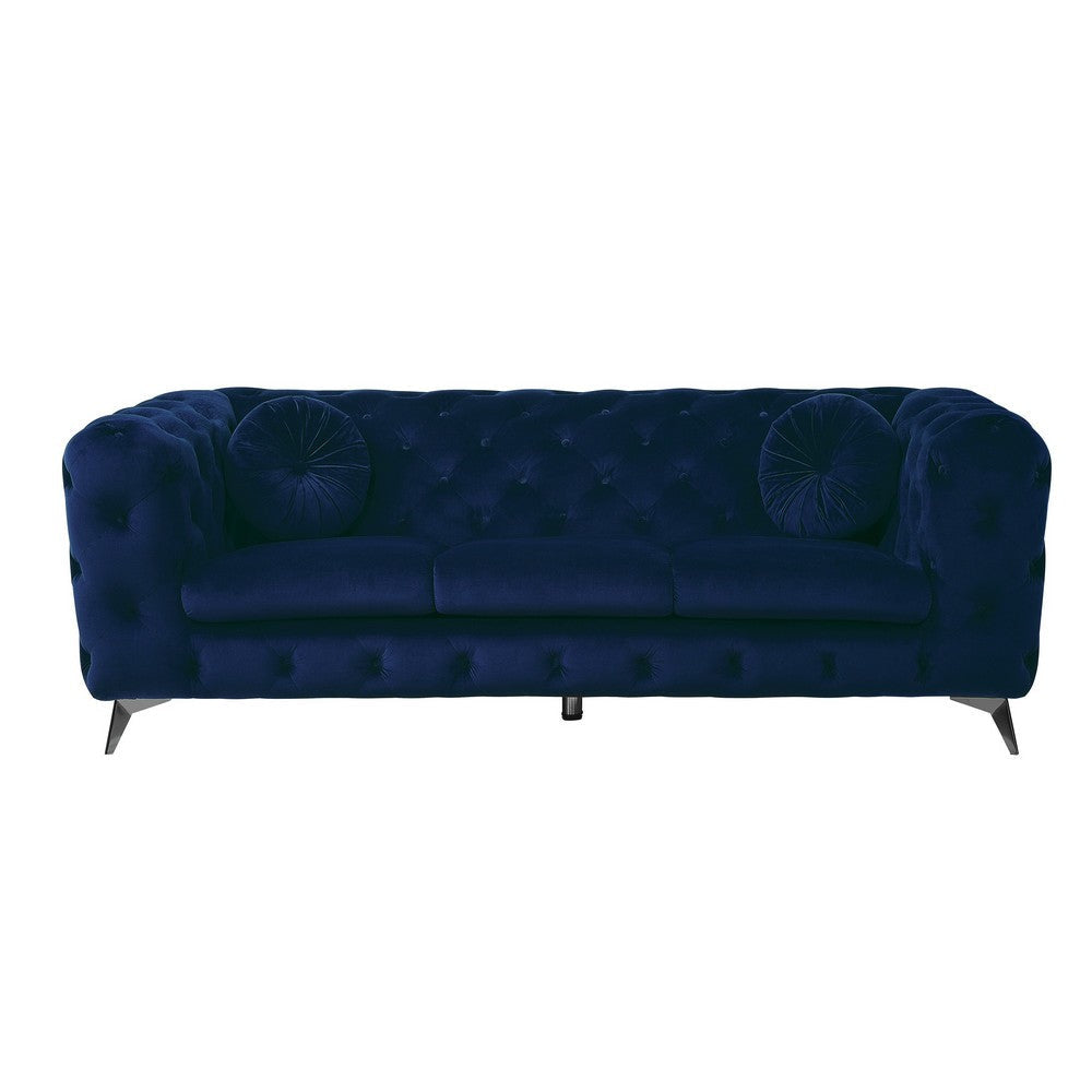 Chesterfield Design Fabric Sofa with Track Arms and Angled Metal Legs Blue