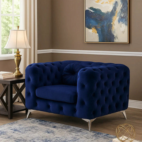 Chesterfield Design Fabric Chair with Track Arms and Angled Metal Legs,Blue