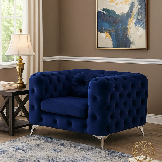 Chesterfield Design Fabric Chair with Track Arms and Angled Metal Legs,Blue