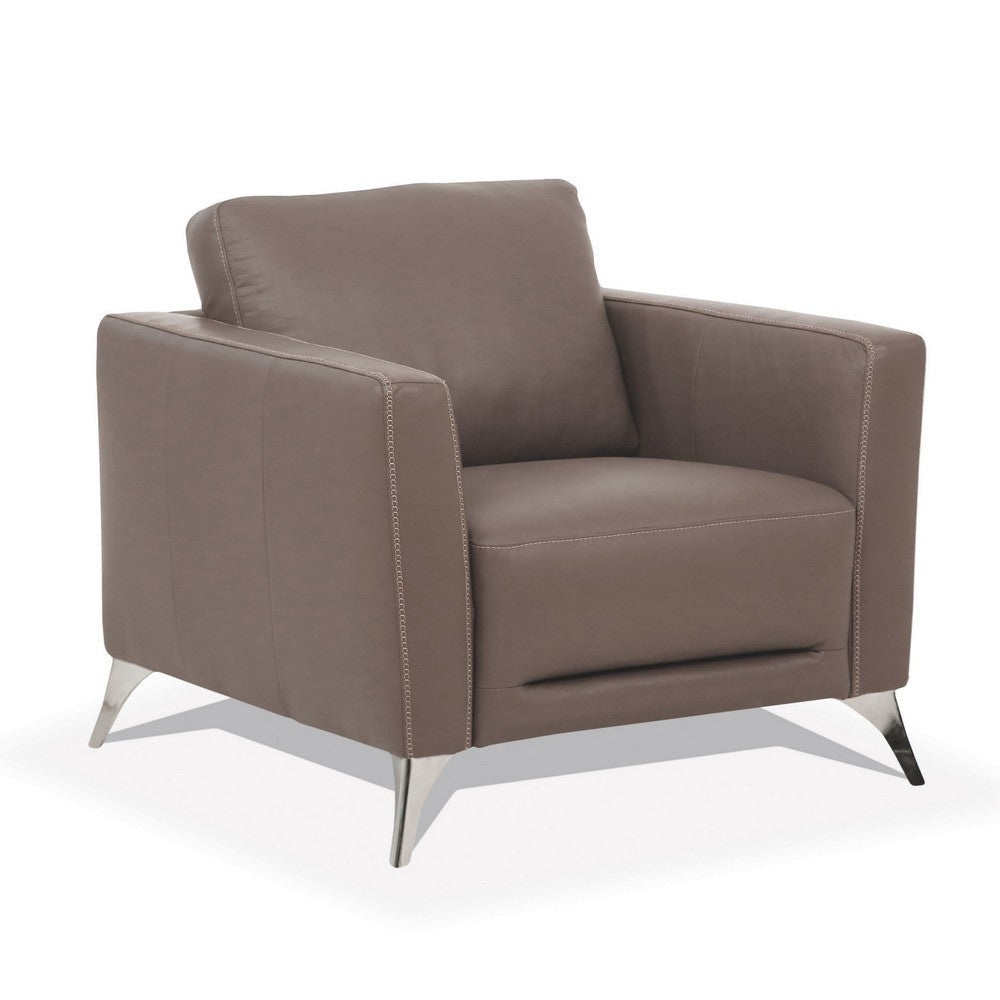 Leather Upholstered Chair with Track Arms and Angled Metal Feet, Brown