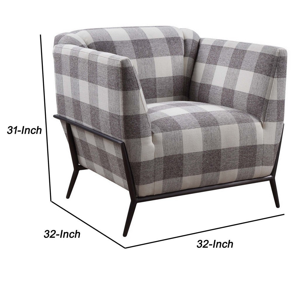 Fabric Accent Chair with Checkered Pattern and Angled Metal Legs Gray By Casagear Home BM221432