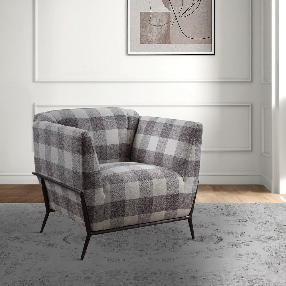 Fabric Accent Chair with Checkered Pattern and Angled Metal Legs Gray By Casagear Home BM221432